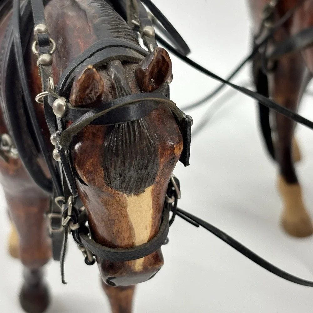 Rare Vintage Wooden Horses With Tooled Leather Bridle Reins Draft‎ Team